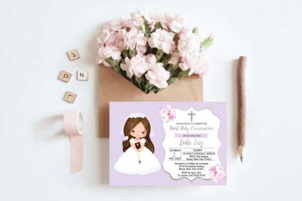 First Communion invitation girl, Printable Invitation, Floral Watercolor, Purple and Silver, Personalized invitation, FC03 - Image 2