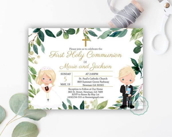 First Communion invitation siblings, communion twins, first communion boy and girl printable invitation, greenery invitation, FC04 - Image 2