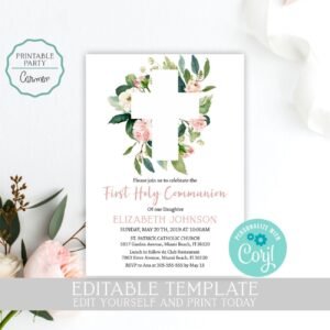 First Communion invitations girl, Communion girl, Greenery cross, Printable invitation, Floral invitation watercolor, FC05