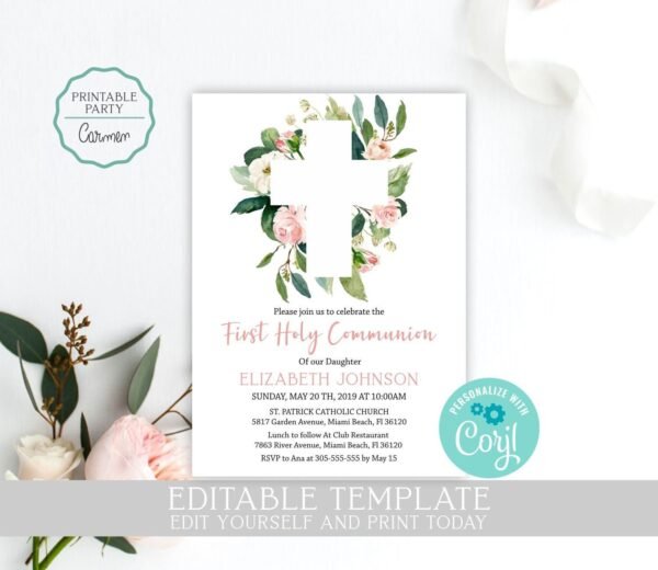 First Communion invitations girl, Communion girl, Greenery cross, Printable invitation, Floral invitation watercolor, FC05