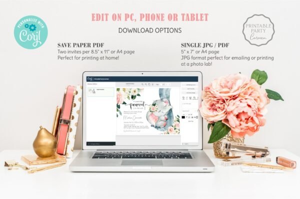 Elephant baby shower invitation Girl, A Little Peanut is on the way, Editable template, Floral Pink Watercolor, Printable Invite - Image 5