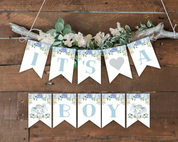 Banner it's a boy Elephant baby shower, Baby shower decoration, Printable Banner, Instant download, Floral Blue watercolor