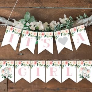 Elephant Banner it's a Girl baby shower, Baby shower decoration, Printable Banner, Instant download, Floral Watercolor