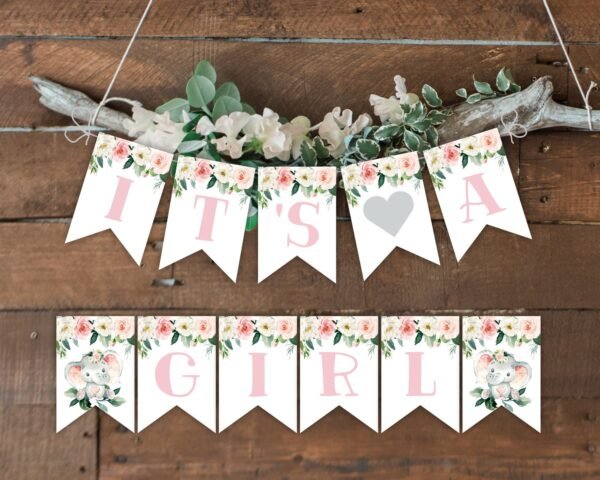 Elephant Banner it's a Girl baby shower, Baby shower decoration, Printable Banner, Instant download, Floral Watercolor