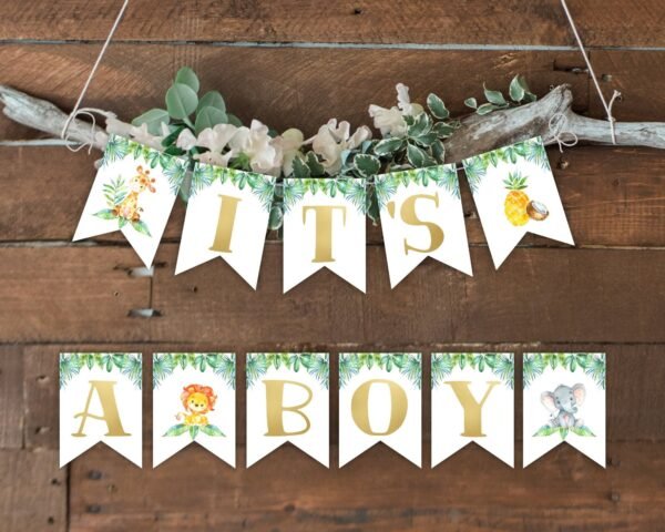 Banner it's a boy jungle baby shower, safari baby shower, shower decoration, printable banner, lion, jiraffe, elephant