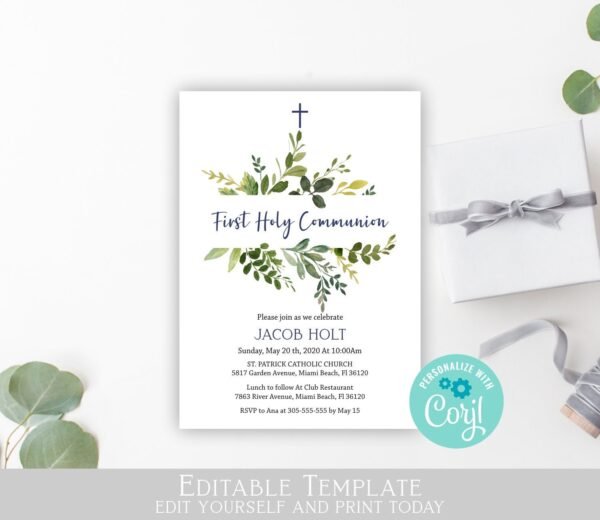 First communion invitation, boy communion invite, printable invitation, instant download, Greenery, navy blue, 5x7