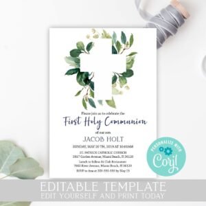 Greenery First communion invitation boy, printable invitation, leaves watercolor, editable template, boy communion, cross greenery, 5x7