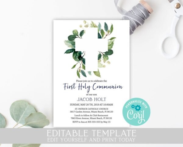 Greenery First communion invitation boy, printable invitation, leaves watercolor, editable template, boy communion, cross greenery, 5x7