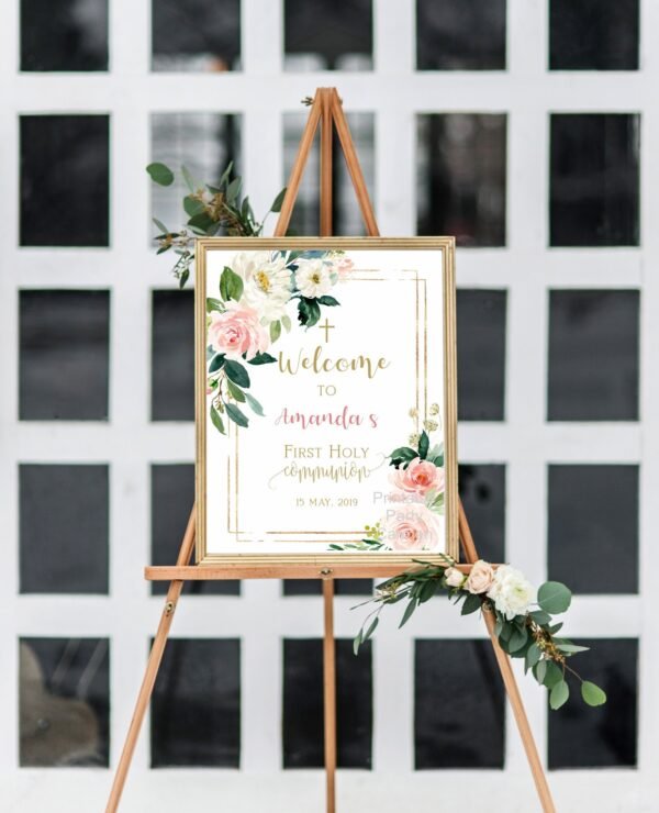 First Communion invitations girl, Communion girl, Greenery cross, Printable invitation, Floral invitation watercolor, FC05 - Image 2