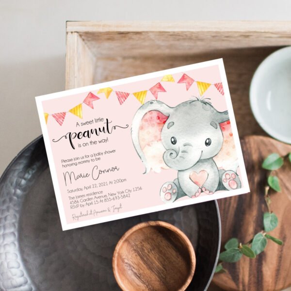 Elephant baby shower invitation Girl, Little Peanut baby shower, Invitation template, Pink Baby Shower, Elephant theme, BABYINV0004
