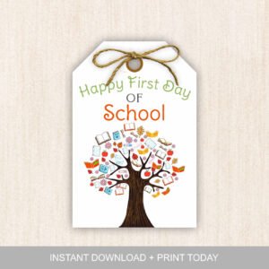 Happy First Day of School tag, Back to school printable gift tag, Instant download, Teacher gift tag, Tree and books, Great Year