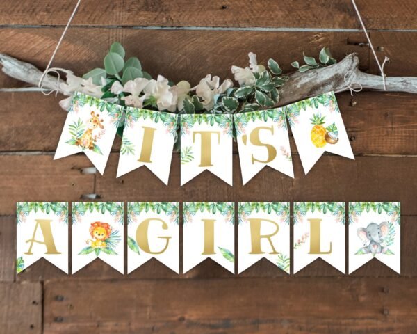 Banner i'ts a girl jungle baby shower, safari baby shower, shower decoration, printable banner, lion, jiraffe, elephant