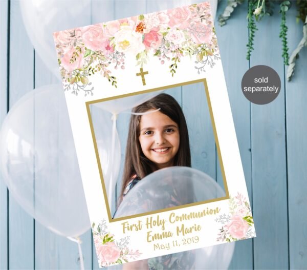 First holy communion welcome sign girl, 1st communion poster, communion decoration, printable sign, blush and gold, floral watercolor FC18 - Image 3
