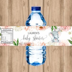 Elephant baby shower WATER BOTTLE LABEL, girl baby shower, Shower decoration, printable label, blush pink floral watercolor