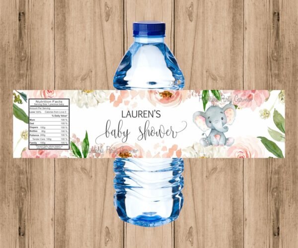 Elephant baby shower WATER BOTTLE LABEL, girl baby shower, Shower decoration, printable label, blush pink floral watercolor