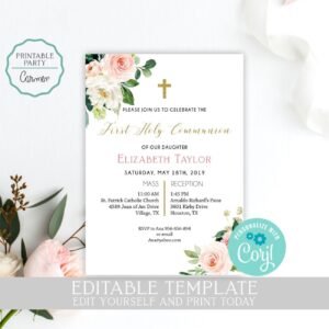 Floral First Holy communion Invitation, First Communion invite Girl, Editable template, Floral blush watercolor, Printable, FCOMINV015