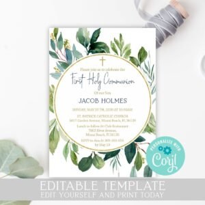 Boy First Holy Communion Invitation, Printable invitation, leaves watercolor, Editable invitation, Boy communion, navy blue & gold
