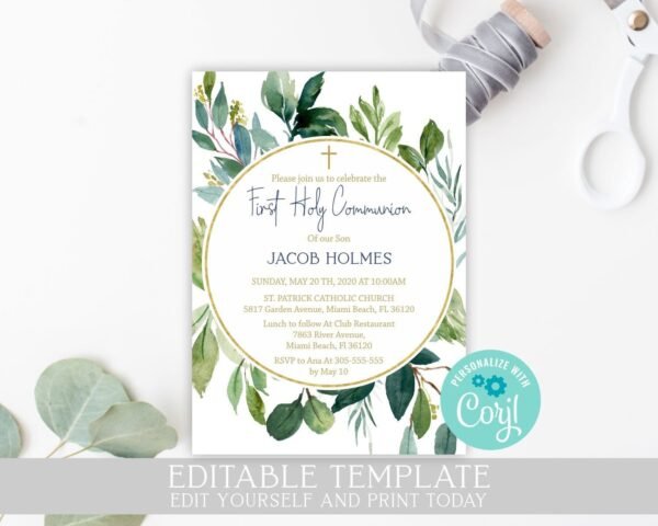 Boy First Holy Communion Invitation, Printable invitation, leaves watercolor, Editable invitation, Boy communion, navy blue & gold