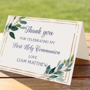 First communion thank you card, Boy First Holy Communion, Printable Thank You card, Greenery Thank You card, personalized card
