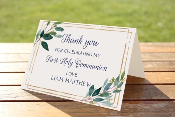 First communion thank you card, Boy First Holy Communion, Printable Thank You card, Greenery Thank You card, personalized card