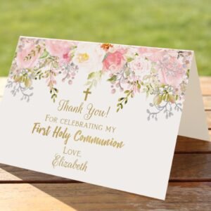 Floral First communion Thank You Card, Girl First Holy Communion, Printable Thank You card, Floral blush Thank You card, Personalized Card