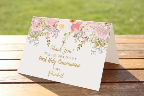 Floral First communion Thank You Card, Girl First Holy Communion, Printable Thank You card, Floral blush Thank You card, Personalized Card