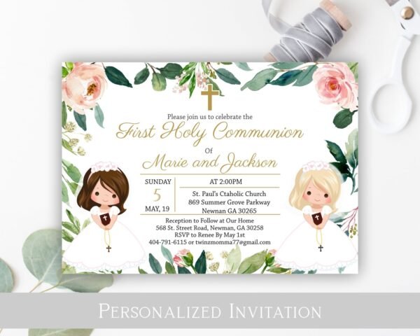 Floral First communion Thank You Card, Girl First Holy Communion, Printable Thank You card, Greenery, Personalized Card - Image 4