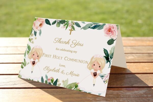 Floral First communion Thank You Card, Girl First Holy Communion, Printable Thank You card, Greenery, Personalized Card - Image 2