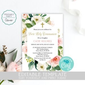 Floral First communion Invitation Girl, Editable template, Floral blush watercolor, Blush and Gold, Printable invitation, size 5x7