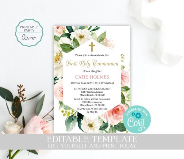 Floral First communion Invitation Girl, Editable template, Floral blush watercolor, Blush and Gold, Printable invitation, size 5x7