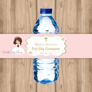Girl First Holy Communion water bottle label, Personalized printable label, Blush Pink Watercolor, Baptism water bottle label, FC01