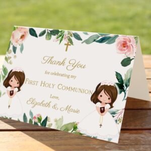Floral First communion Thank You Card, Girl First Holy Communion, Printable Thank You card, Greenery, Personalized Card