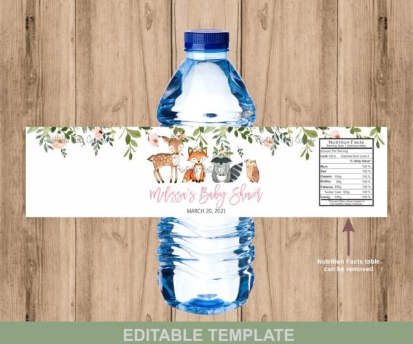 Woodland Water bottle labels, Woodland girl baby shower, Forest baby shower girl, Editable template, Printable labels