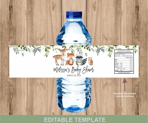 Woodland Water bottle labels, Woodland boy baby shower, Neutral baby shower, Forest baby shower, Editable template, Printable labels