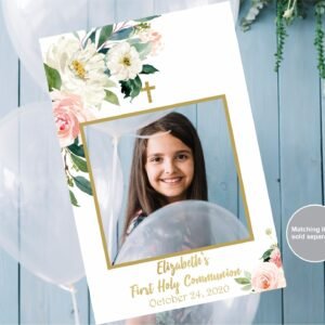 Photo Booth Selfie Frame, First Holy Communion Girl, First Holy Communion decoration, Digital photo boot frame,  Pink and gold, FC05