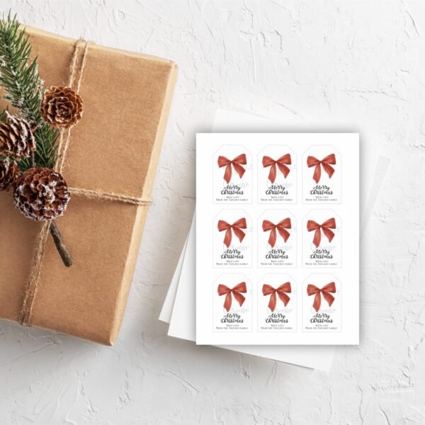 Christmas Gift Tags printable, Holiday Gift tags, Merry Christmas labels, Christmas bow watercolor, instant download, editable template - Image 2