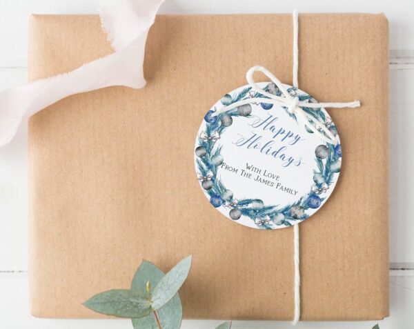 Holiday Gift Tags Printable Template, Wreath Christmas favor tags, Christmas labels, Instant download, blue wreath