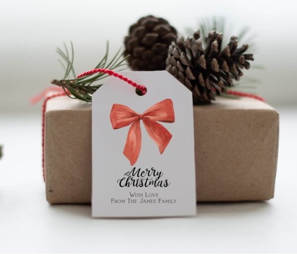 Christmas Gift Tags printable, Holiday Gift tags, Merry Christmas labels, Christmas bow watercolor, instant download, editable template