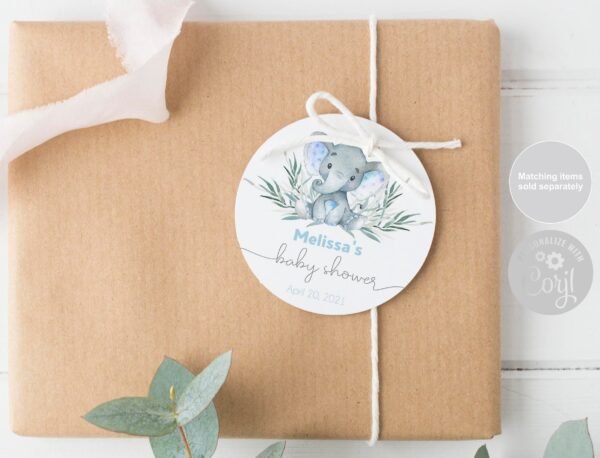 Boy Elephant Baby Shower Favor Tag, Watercolor Blue Elephant Printable Baby Shower Gift Tags, Baby Shower Elephant Labels, Editable Template