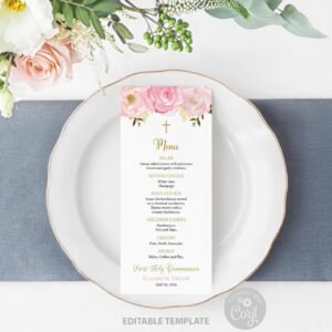 First Communion Menu Editable, Girl First Holy Communion, Siblings Communion, Baptism Menu, Printable menu, Floral Blush watercolor, CT04