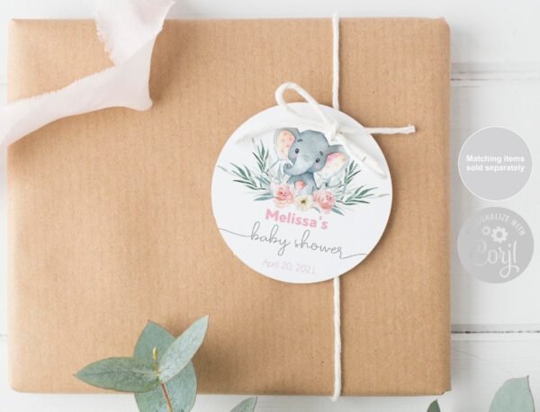Girl Elephant Baby Shower Favor Tag, Watercolor Blush Elephant Printable Baby Shower Gift Tags, Baby Shower Elephant Labels, Editable