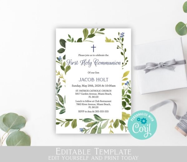Printable Menu First Holy Communion, Siblings Communion, Twins Communion, editable template, Greenery, Navy and Gold, CT05 - Image 4