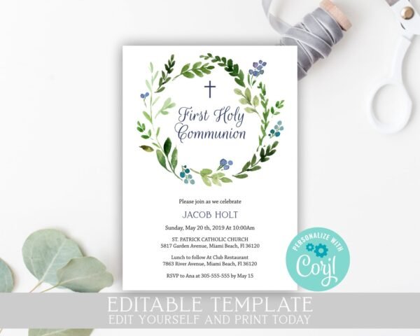 Printable Menu First Holy Communion, Siblings Communion, Twins Communion, editable template, Greenery, Navy and Gold, CT05 - Image 5