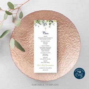 Printable Menu First Holy Communion, Siblings Communion, Twins Communion, editable template, Greenery, Navy and Gold, CT05
