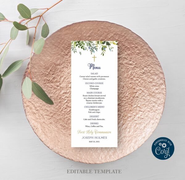Printable Menu First Holy Communion, Siblings Communion, Twins Communion, editable template, Greenery, Navy and Gold, CT05