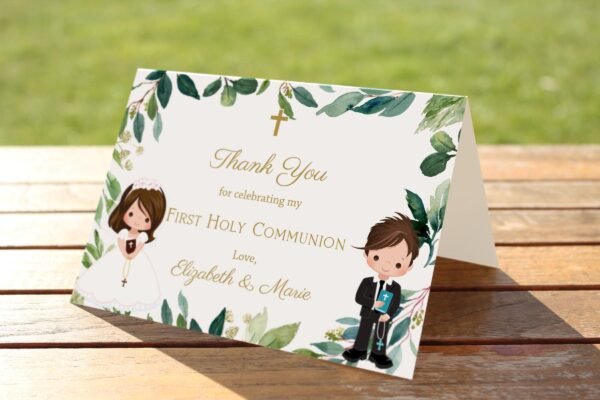First Communion invitation siblings BUNDLE, 1st Communion Twins, First communion Boy and Girl Printable Invite, Greenery Invitation, FC04 - Image 7