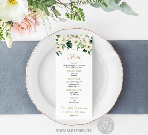 First Holy Communion menu editable template, Neutral Communion, Siblings Communion, Baptism Menu, Printable menu, Floral White, CT03