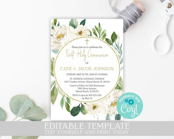 First Holy Communion menu editable template, Neutral Communion, Siblings Communion, Baptism Menu, Printable menu, Floral White, CT03 - Image 2