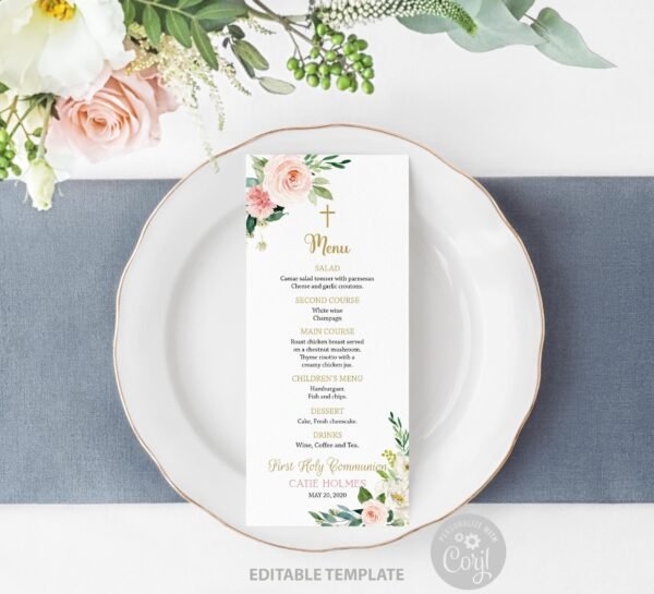 First Holy Communion Menu Editable, Girl First Communion, Siblings Communion, Baptism Menu, Printable menu, Floral Blush watercolor, CT02