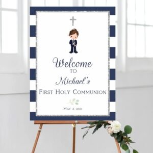 Boy First communion welcome sign, 1st communion poster, communion decoration, navy blue, printable sign, navy and silver